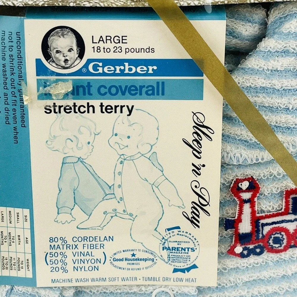 Vintage Gerber Infant Coverall L 18-23 lbs Blue White Stripe Train Stretch Terry